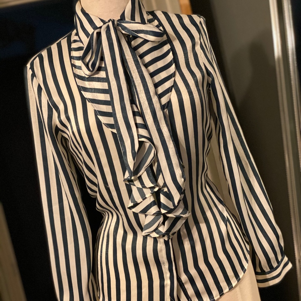 ZARA Stripe Bowl tie/ ruffle blouse.